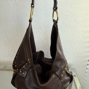Kenneth Cole Brown Leather Studded Hobo Shoulder Bag — Brass Hardware — Large
